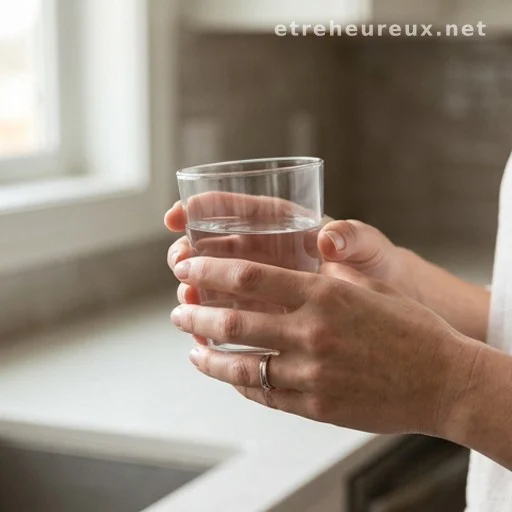 Hands holding a glass of water in a kitchen, illustrating daily hydration habits