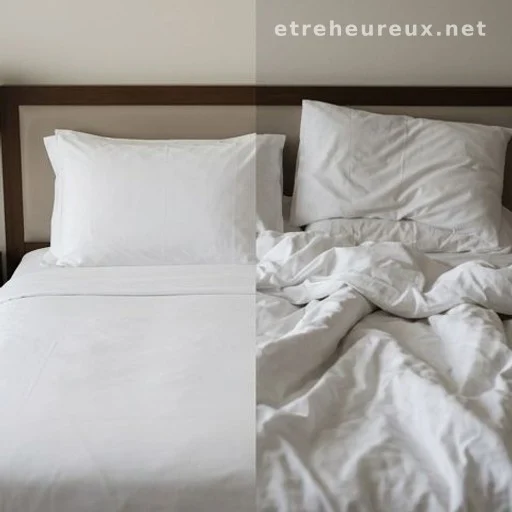 Split image comparing a neatly made bed and an unmade bed in morning light