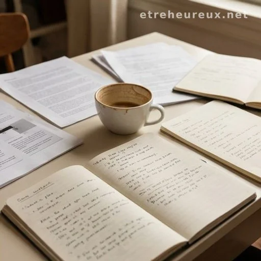 Cluttered creative desk with notebooks and papers in warm indoor light