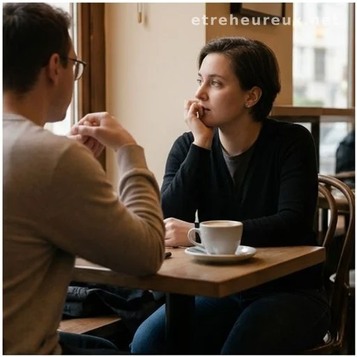 Two people in conversation at a café table, one looking away pensively
