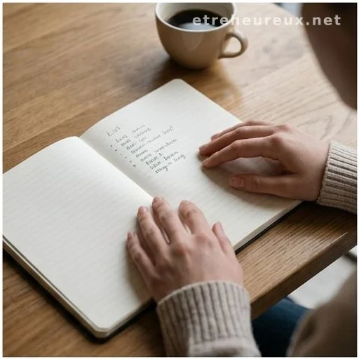Hands resting on an open notebook with an unfinished handwritten list and a coffee cup