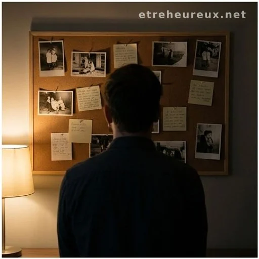 Person looking at a corkboard covered with old photographs and handwritten notes